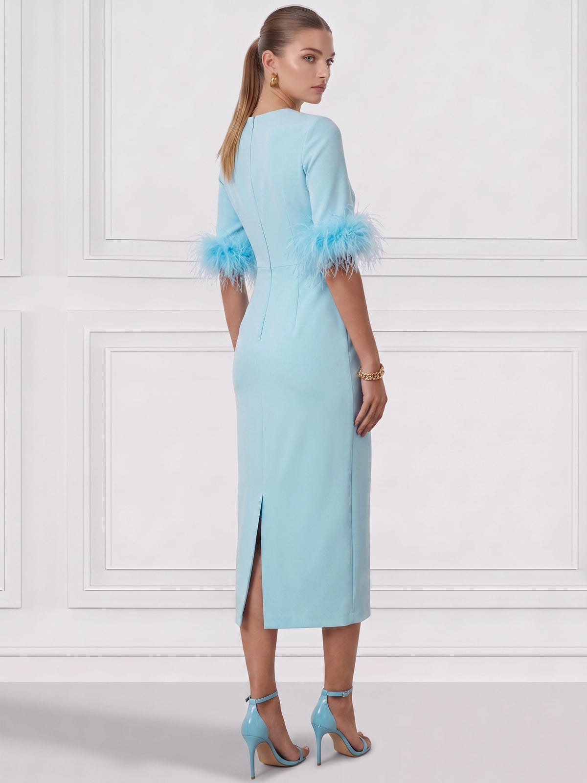 Sheath/Column Cocktail Dress Boat Neck Short Sleeves Ankle Length Party Dance Cocktail Dress With Feathers