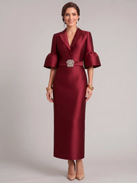 A-Line Mother Of The Bride Dresses Elegant Satin V Neck Burgundy 3/4 Sleeves Ankle Length Wedding Guest Dress With Rhinestone