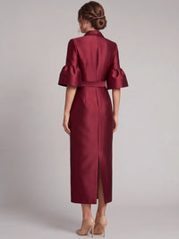 A-Line Mother Of The Bride Dresses Elegant Satin V Neck Burgundy 3/4 Sleeves Ankle Length Wedding Guest Dress With Rhinestone