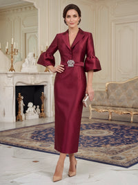 A-Line Mother Of The Bride Dresses Elegant Satin V Neck Burgundy 3/4 Sleeves Ankle Length Wedding Guest Dress With Rhinestone