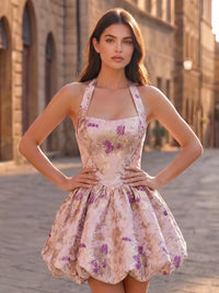 A-Line/Princess Homecoming Dresses Floral Jacquard Halter Sleeveless Short Lace-Up Bubble Hem Summer