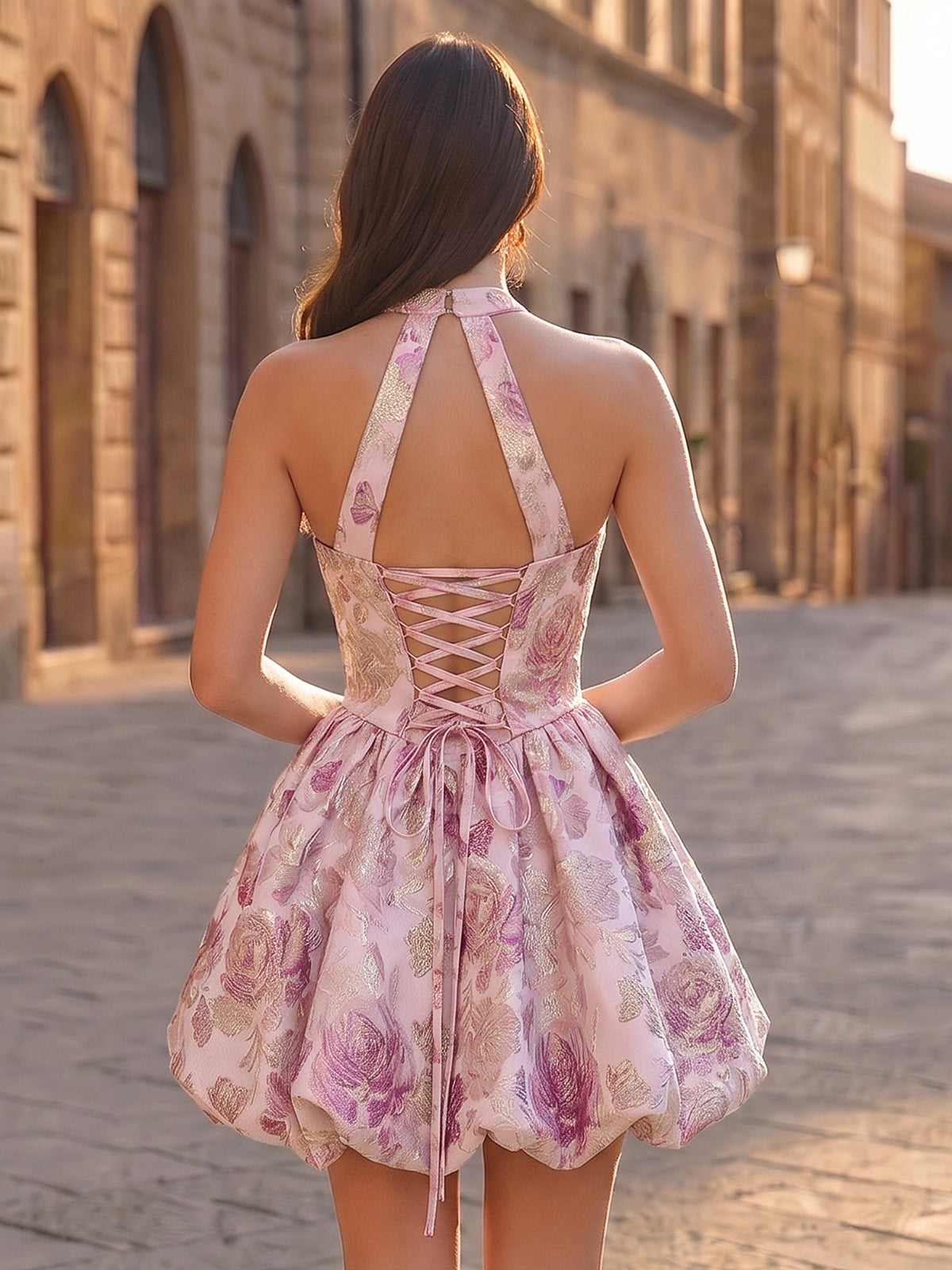 A-Line/Princess Homecoming Dresses Floral Jacquard Halter Sleeveless Short Lace-Up Bubble Hem Summer