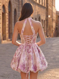 A-Line/Princess Homecoming Dresses Floral Jacquard Halter Sleeveless Short Lace-Up Bubble Hem Summer