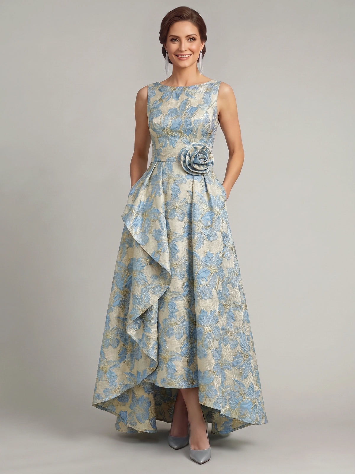 A-Line Mother Of The Bride Dresses Elegant Jacquard Floral Dress Asymmetrical Floor Length Sleeveless Formal Wedding Guest Dresses With 3D Floral Ruffles Pocket