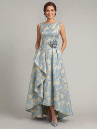 A-Line Mother Of The Bride Dresses Elegant Jacquard Floral Dress Asymmetrical Floor Length Sleeveless Formal Wedding Guest Dresses With 3D Floral Ruffles Pocket