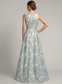 A-Line Mother Of The Bride Dresses Elegant Jacquard Floral Dress Asymmetrical Floor Length Sleeveless Formal Wedding Guest Dresses With 3D Floral Ruffles Pocket