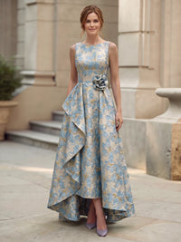 A-Line Mother Of The Bride Dresses Elegant Jacquard Floral Dress Asymmetrical Floor Length Sleeveless Formal Wedding Guest Dresses With 3D Floral Ruffles Pocket