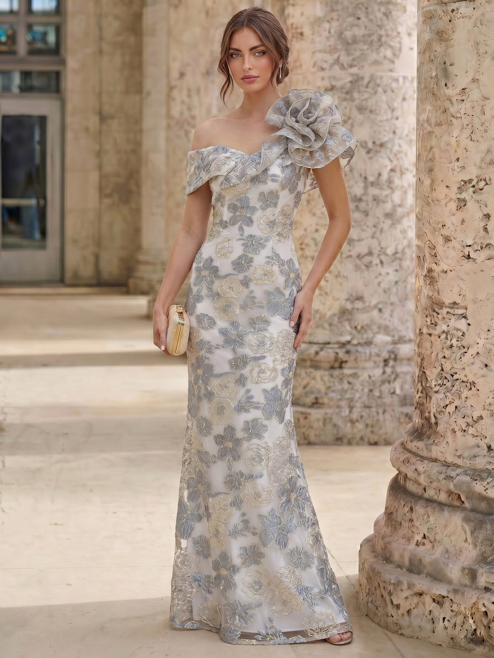 Mermaid Evening Gown Elegant Floral Dress Short Sleeves Tulle Mother of the Bride Dresses With Shoulder Flower
