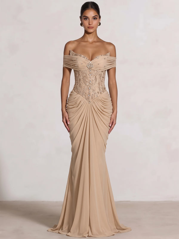 Mermaid Evening Dress Detachable Strapless Runched Embroidery Sleeveless Floor-Length Formal Dress With Rhinestone
