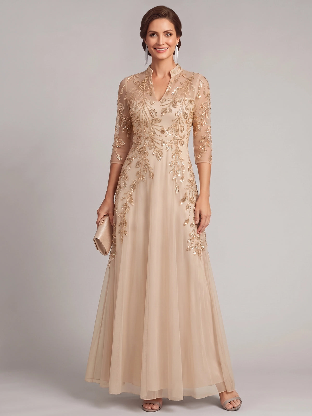 A-Line Mother Of The Bride Dresses Elegant Chiffon Embroidery Sequins V Neck Champagne Floor Length 3/4 Long Sleeves Formal Wedding Guest Dresses