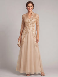 A-Line Mother Of The Bride Dresses Elegant Chiffon Embroidery Sequins V Neck Champagne Floor Length 3/4 Long Sleeves Formal Wedding Guest Dresses