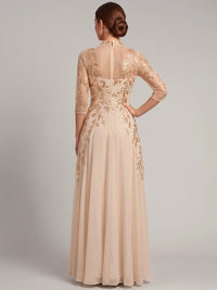 A-Line Mother Of The Bride Dresses Elegant Chiffon Embroidery Sequins V Neck Champagne Floor Length 3/4 Long Sleeves Formal Wedding Guest Dresses