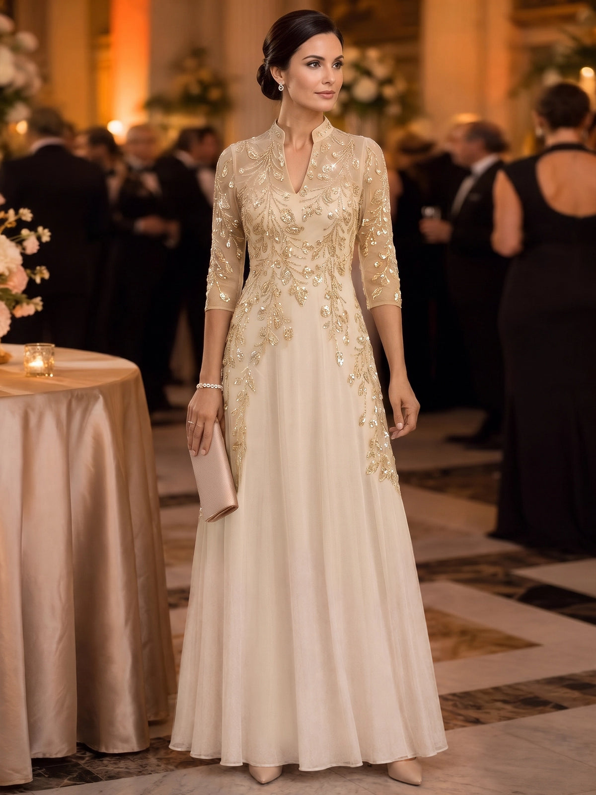 A-Line Mother Of The Bride Dresses Elegant Chiffon Embroidery Sequins V Neck Champagne Floor Length 3/4 Long Sleeves Formal Wedding Guest Dresses