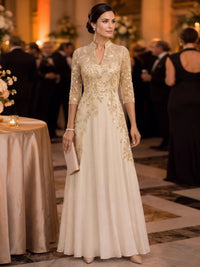 A-Line Mother Of The Bride Dresses Elegant Chiffon Embroidery Sequins V Neck Champagne Floor Length 3/4 Long Sleeves Formal Wedding Guest Dresses