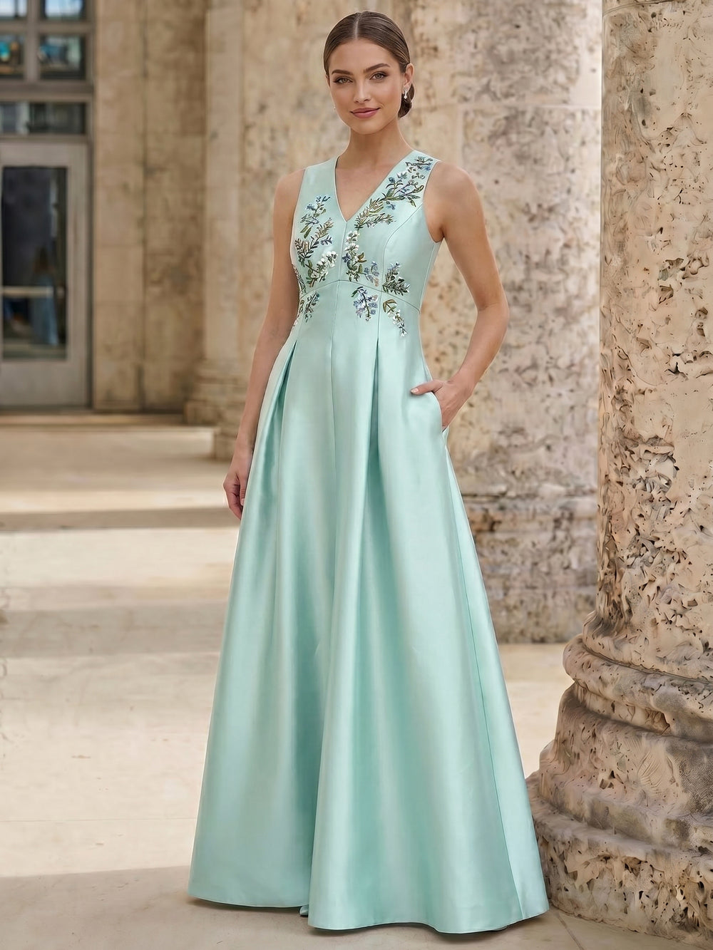 A-Line Evening Gown Floral Embroidery Dress Floor Length Sleeveless V Neck with Pocket Wedding Guest Dress