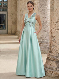 A-Line Evening Gown Floral Embroidery Dress Floor Length Sleeveless V Neck with Pocket Wedding Guest Dress