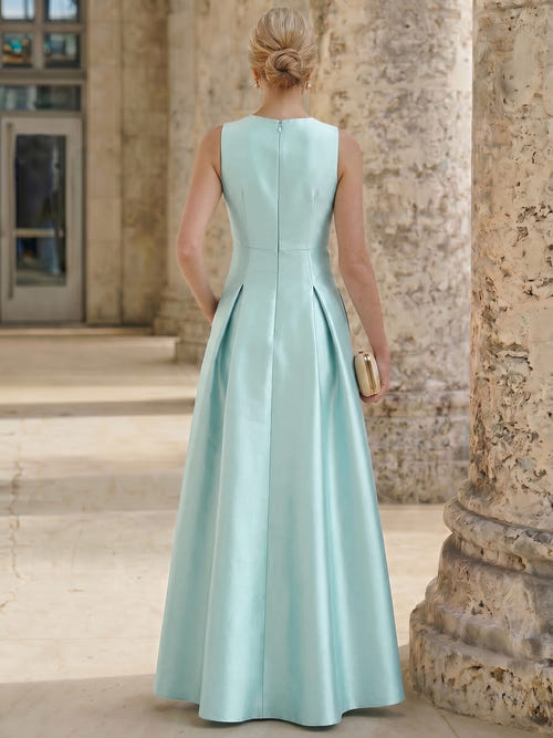 A-Line Evening Gown Floral Embroidery Dress Floor Length Sleeveless V Neck with Pocket Wedding Guest Dress
