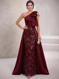 A-Line Mother Of The Bride Dress Satin Sequins Floor-Length One-Shoulder Bow Sleeveless  Formal Dresses Wedding Guest Dress With Bowknot Overskirt
