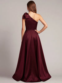 A-Line Mother Of The Bride Dress Satin Sequins Floor-Length One-Shoulder Bow Sleeveless  Formal Dresses Wedding Guest Dress With Bowknot Overskirt