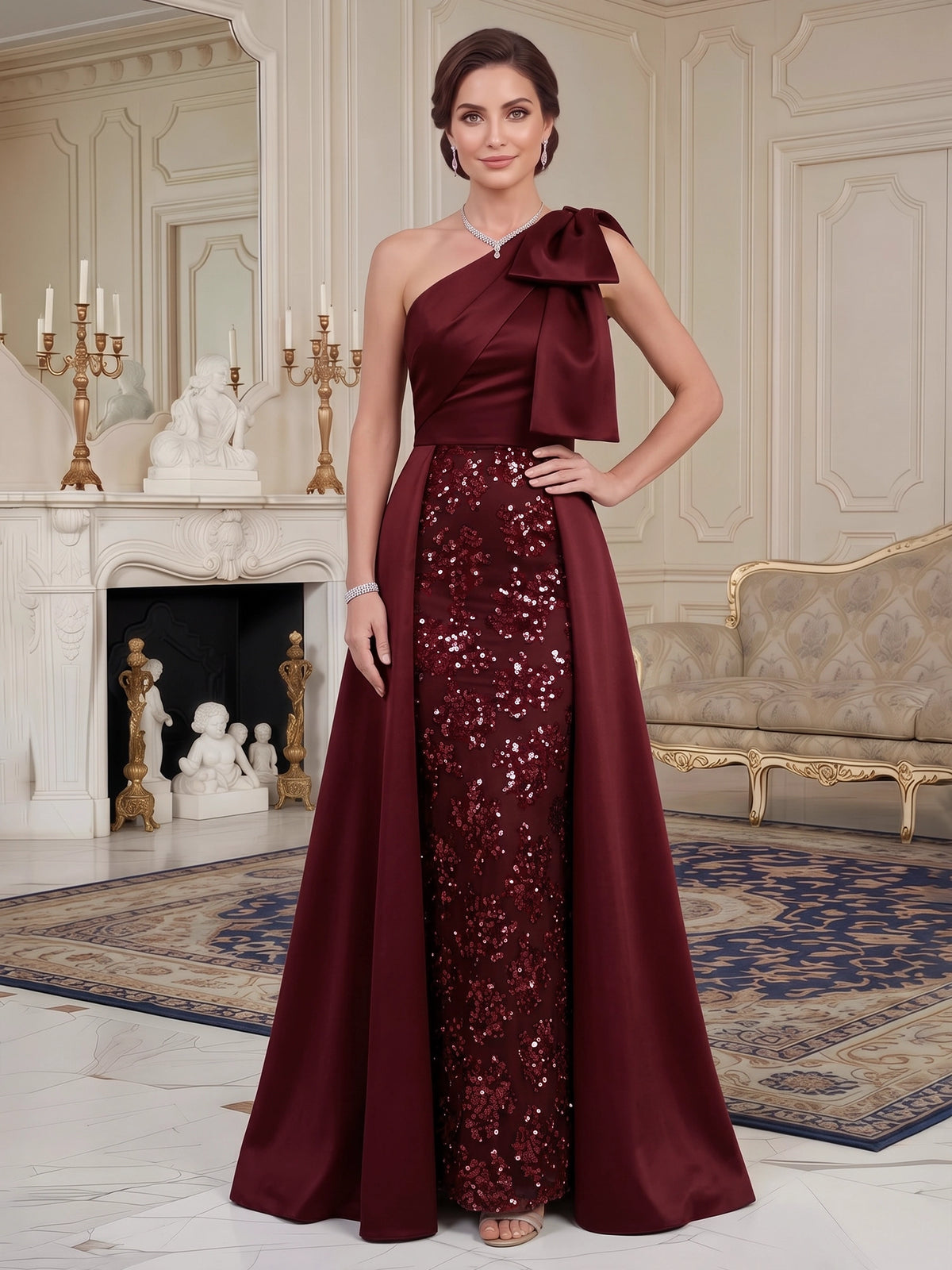 A-Line Mother Of The Bride Dress Satin Sequins Floor-Length One-Shoulder Bow Sleeveless  Formal Dresses Wedding Guest Dress With Bowknot Overskirt