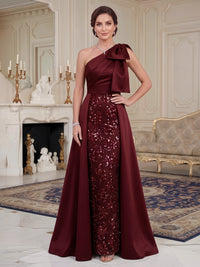 A-Line Mother Of The Bride Dress Satin Sequins Floor-Length One-Shoulder Bow Sleeveless  Formal Dresses Wedding Guest Dress With Bowknot Overskirt