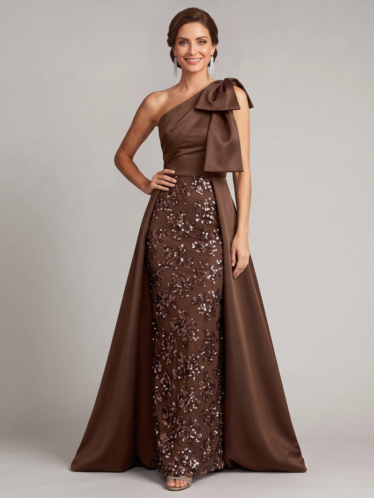 A-Line Mother Of The Bride Dress Satin Sequins Floor-Length One-Shoulder Bow Sleeveless  Formal Dresses Wedding Guest Dress With Bowknot Overskirt