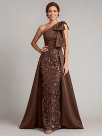 A-Line Mother Of The Bride Dress Satin Sequins Floor-Length One-Shoulder Bow Sleeveless  Formal Dresses Wedding Guest Dress With Bowknot Overskirt