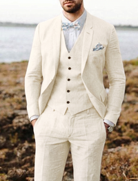 Men's Tailored Fit Single Breasted Two-buttons 3 Pieces Solid Colored Linen Suits