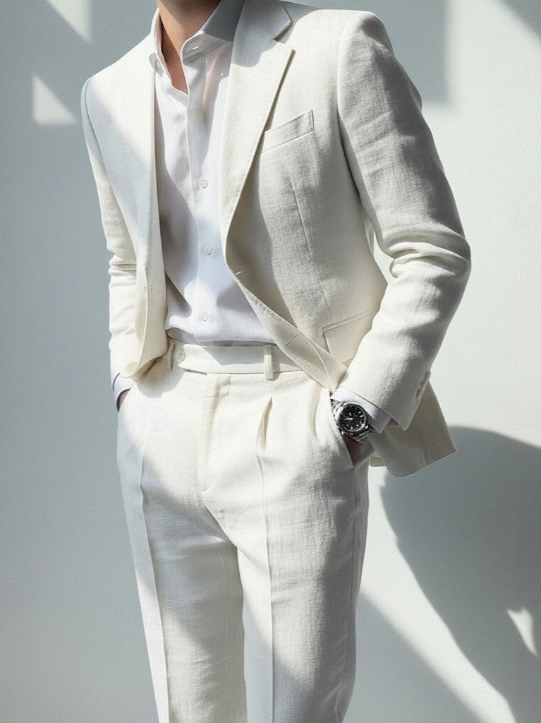 Men's Casual Business Linen Suits Notch Lapel White Pink Fashion Casual Solid Colored Tailored Fit 2 Piece Single Breasted One-button