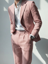 Men's Casual Business Linen Suits Notch Lapel White Pink Fashion Casual Solid Colored Tailored Fit 2 Piece Single Breasted One-button