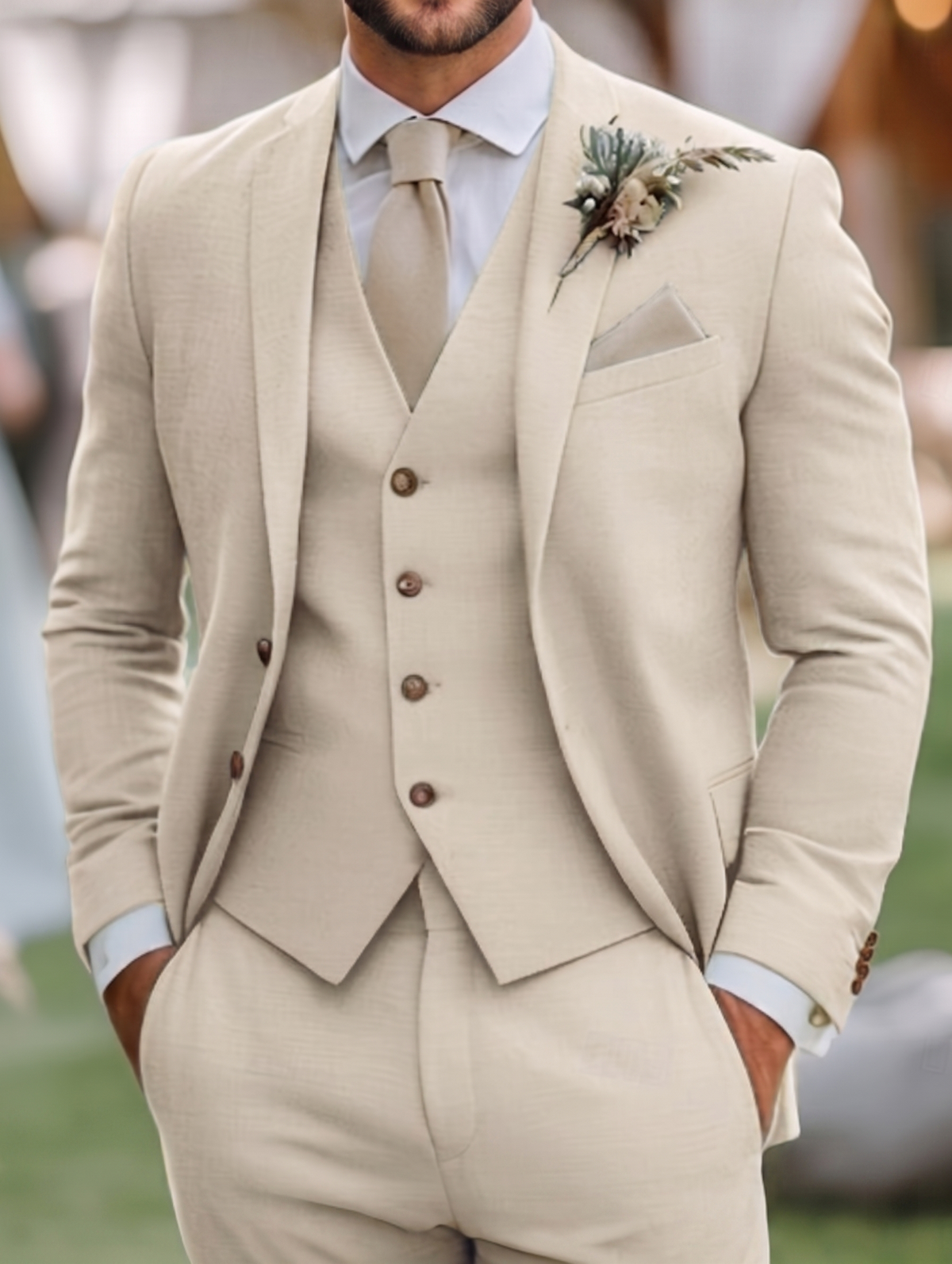 Men's Tuxedos Linen Suits Beach Wedding Notch Lapel Fashion Formal Solid Colored Standard Fit 3 Piece Single Breasted Two-buttons