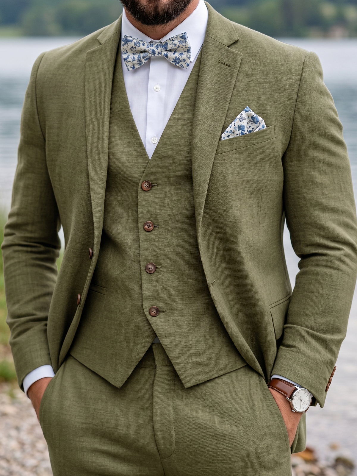 Men's Tuxedos Linen Suits Beach Wedding Notch Lapel Fashion Formal Solid Colored Standard Fit 3 Piece Single Breasted Two-buttons
