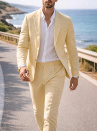 Men's Linen Suits Beach Wedding Suit Solid Colored Standard Fit 2 Piece Single Breasted Two-buttons