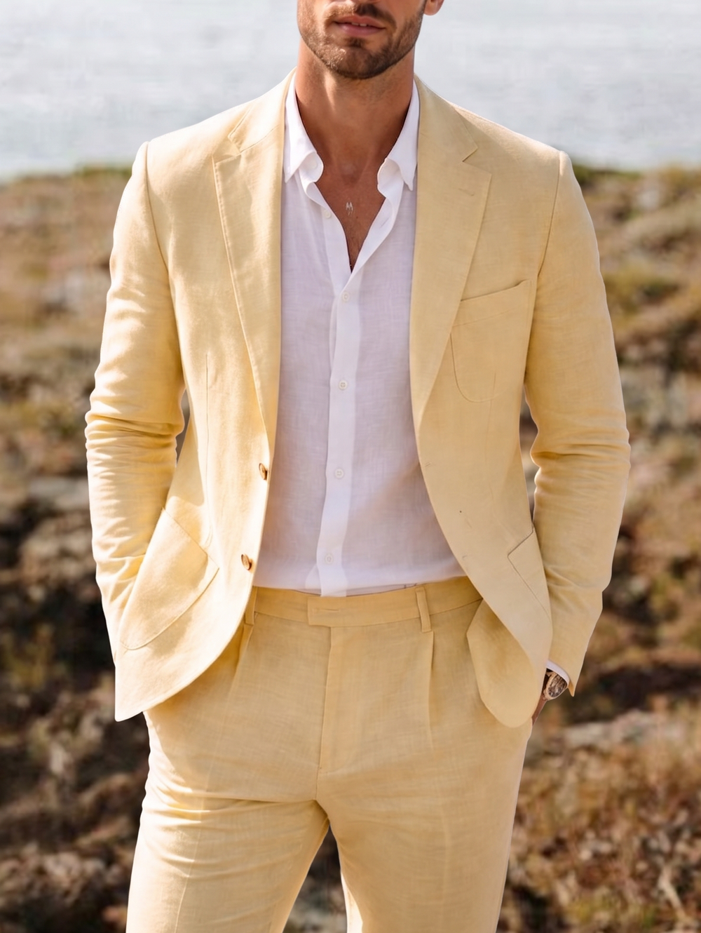 Men's Linen Suits Beach Wedding Suit Solid Colored Standard Fit 2 Piece Single Breasted Two-buttons