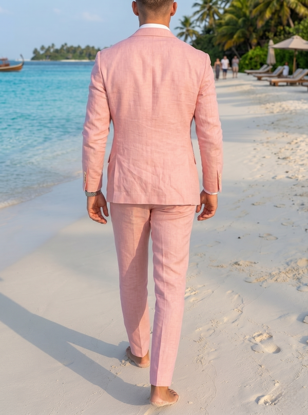 男士商务休闲亚麻西服套装，平驳领，白色粉色时尚休闲纯色修身两件套，单排两扣
