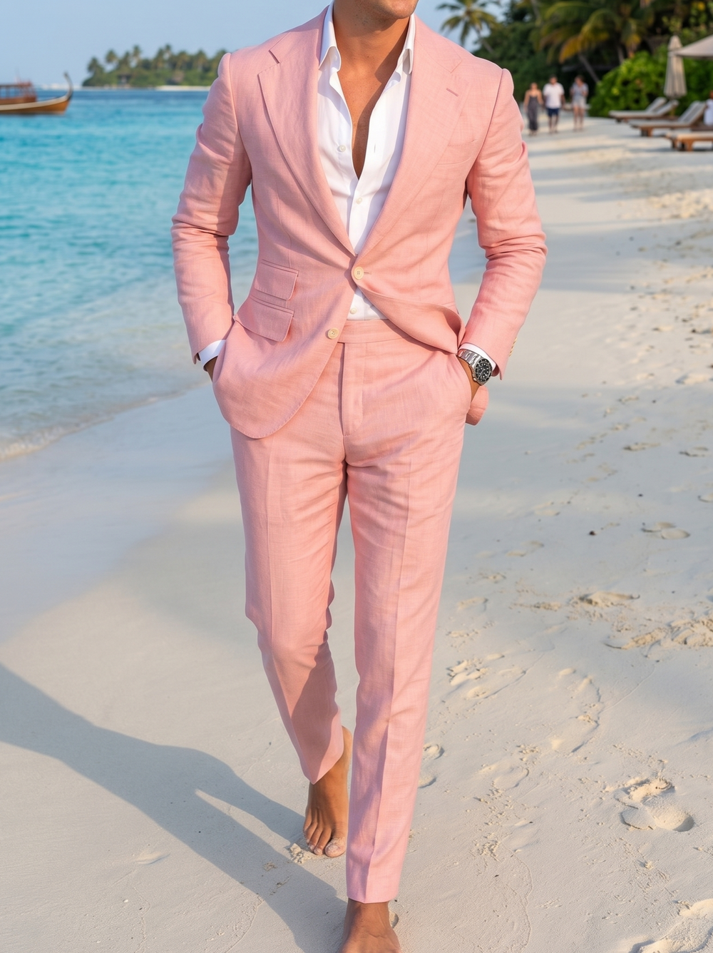 Men's Casual Business Linen Suits Notch Lapel White Pink Fashion Casual Solid Colored Tailored Fit 2 Piece Single Breasted Two-button