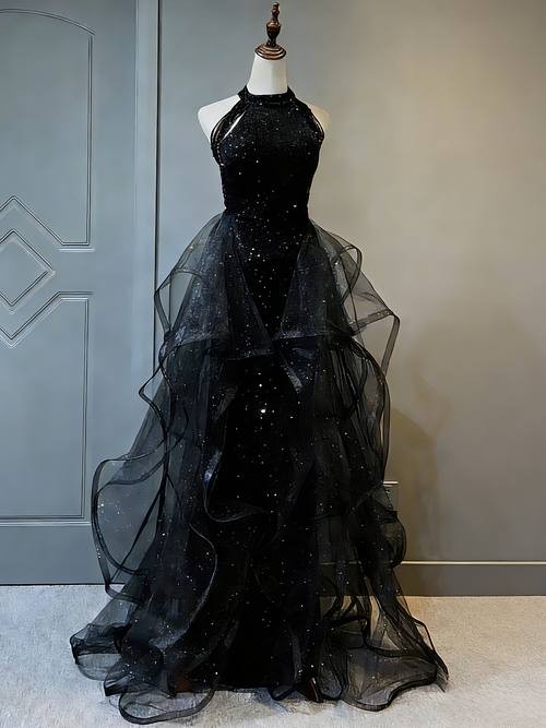 A-Line/Princess Prom Dresses Halter Tulle Floor-length Long Prom Dresses With Beading & Sequins