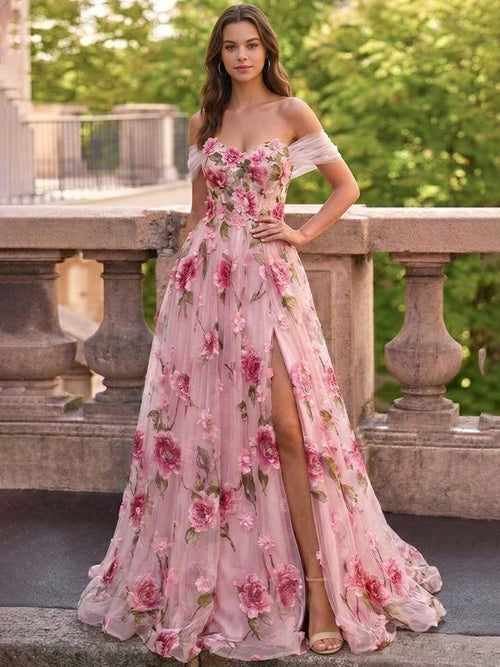 A-Line/Princess Off-the-Shoulder Long Prom Floral Dresses With Split Side
