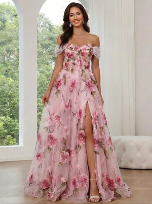 A-Line/Princess Off-the-Shoulder Long Prom Floral Dresses With Split Side