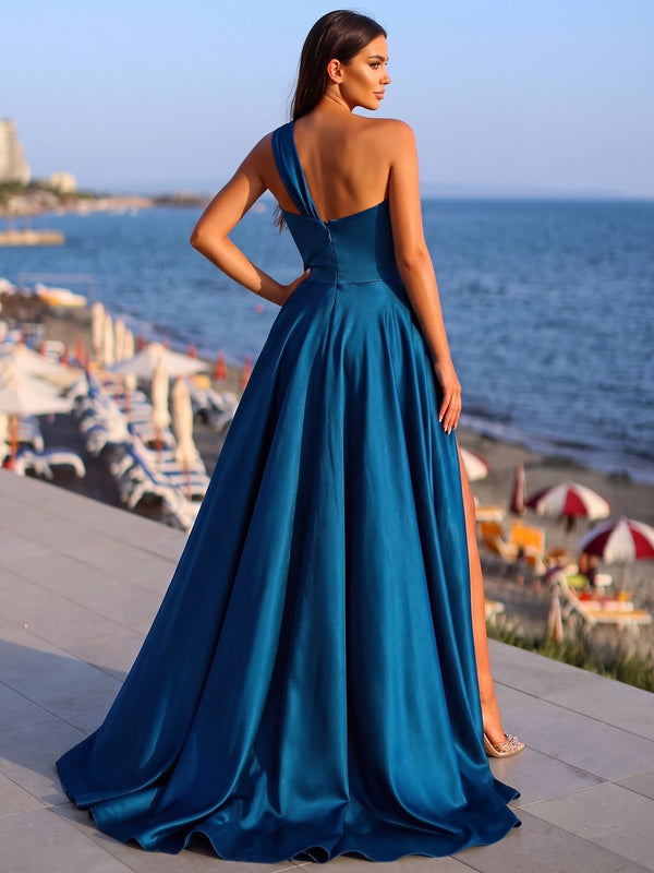 A-Line/Princess One-Shoulder Long Evening  Floral Dresses With Beading & Split Side