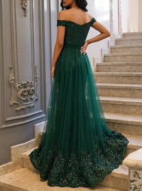 Sheath/Column Off-the-Shoulder Evening Gowns Floor-length Long Prom Dresses With Applique & Split Side