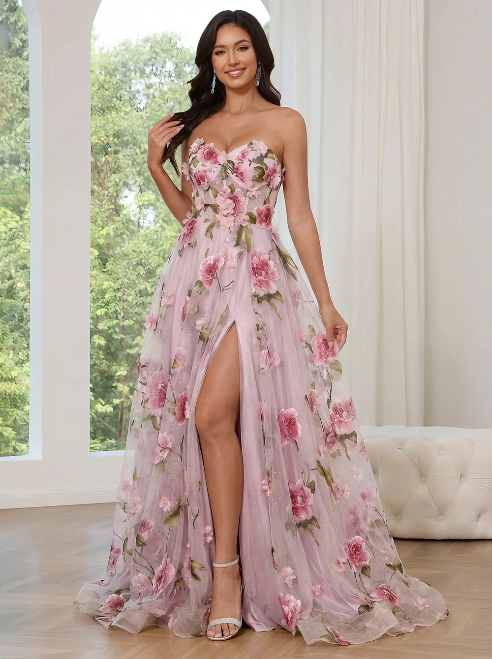 A-Line/Princess Strapless Long Prom Floral Dresses With Split Side