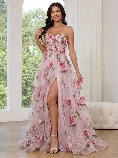 A-Line/Princess Strapless Long Prom Floral Dresses With Split Side