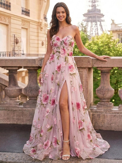 A-Line/Princess Strapless Long Prom Floral Dresses With Split Side