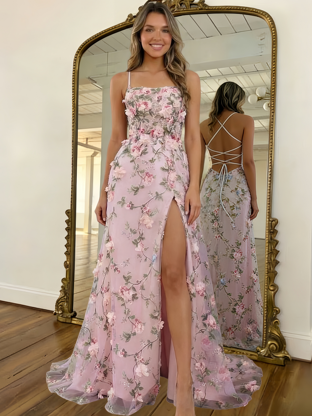 A-Line/Princess Spaghetti Straps sleeveless Long Prom Dresses With Flowers