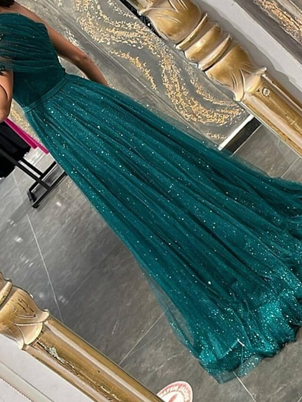 A-Line/Princess Prom Dress One-Shoulder Long Formal Dresses With Glitter Tulle