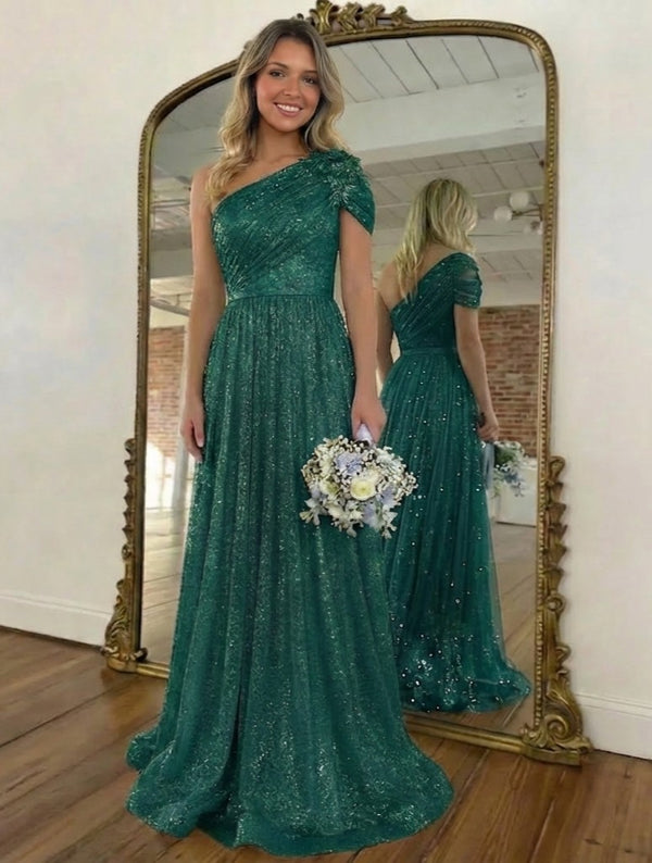 A-Line/Princess Prom Dress One-Shoulder Long Formal Dresses With Glitter Tulle