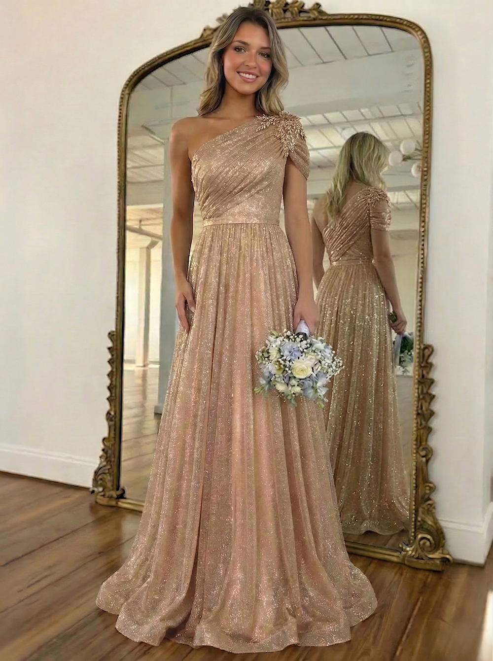 A-Line/Princess Prom Dress One-Shoulder Long Formal Dresses With Glitter Tulle