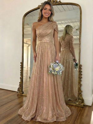 A-Line/Princess Prom Dress One-Shoulder Long Formal Dresses With Glitter Tulle