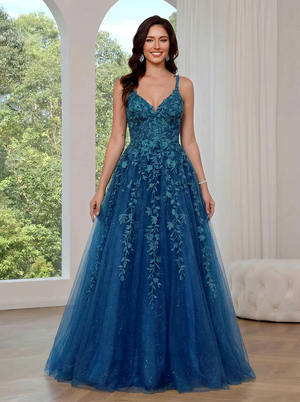 A-Line/Princess Embroidery Prom Dresses Spaghetti Straps Floor-length Long Sparkle Dresses